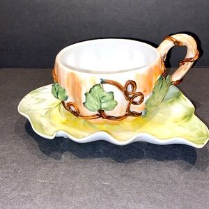 One Of A Kind Artist Signed Majolica Cup & Saucer